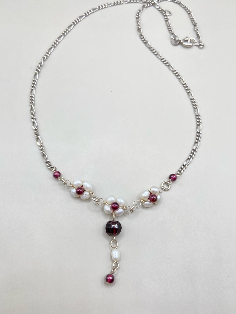 Vintage Sterling Silver Pearl Garnet Floral Drop Necklace